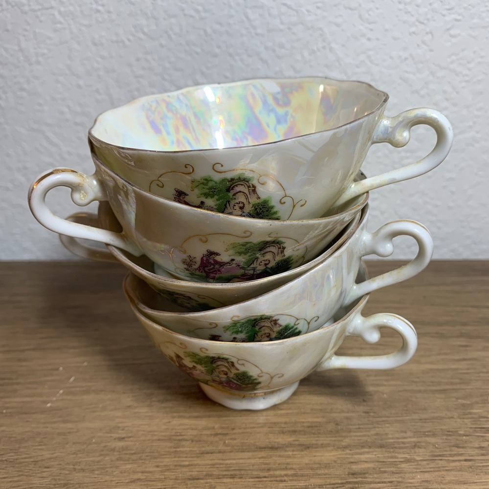 Vintage Teacup Set 4 Iridescent Porcelain Victorian Design Cup Handle Gold‎ Trim
